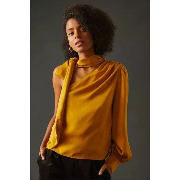 Sunday in Brooklyn Anthropologie Gold One-Shoulder Tie-Neck Blouse Size S New - Picture 1 of 9